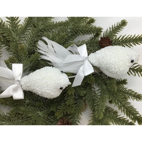 2 Songbirds White Glass Beaded Clip On Christmas Tree Ornaments Bright - Picture 2 of 8
